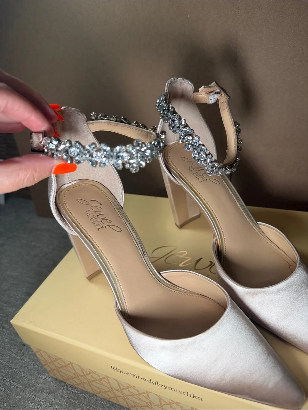 Jewel Badgley Mischka Blush Pink Satin Crystal-Ankle Heels 4 inch